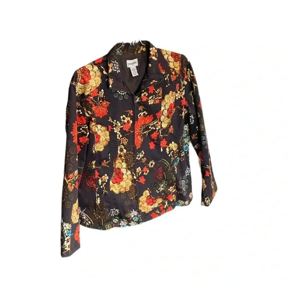 Chico’s Floral Full Zip Jacket Brown with orange blue and tan women’s small - Picture 3 of 8